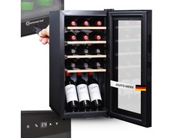 Sommertal WK 50 wijnkoeler – 15 flessen - Instelbaar van 5–20 °C - Afsluitbaar - Ledverlichting - Glazen deur - Touchscreen - 4 houten planken - Stil en energiezuinig - Uv-bestendige beglazing - Energieklasse F