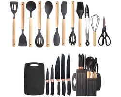 Somstyle 19-Delige Keukengerei Set Houder - Snijplank, Spatel, Opscheplepel, Keukentang, Schaar - Kookgerei Houder - Messenset - Zwart