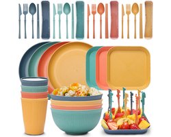 Somstyle 48-Delige Camping Servies Set - Voor 4 Personen - Picknick & BBQ Set - Borden, Bekers, Bestek & Kommen - Multicolor