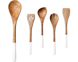 Somstyle 5-Delige Keukengerei Set - Spatel, Opscheplepel & Bakspatel - Kookgerei - Houten Keukenset - Bruin / Wit