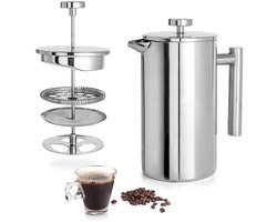 Somstyle French Press Cafetiere - 600 ML - Dubbelwandige Koffiepers - RVS Koffiepot - Verse Koffiemaker - Zilverkleurig