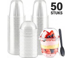 Somstyle Herbruikere Dessertbekers - 50 Stuks - Met Deksel & Lepel - Dessert Kommetjes Kunststof - 360 ML - Transparant