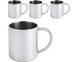 Somstyle Mokken Set - 4 Stuks - Koffiemok - Beker RVS - 225 ML - Dubbelwandige Koffiebeker - Zilverkleurig