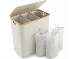 Somstyle Wasmand 3 Vakken - 75 x 57 x 37 CM - Wassorteerder met Deksel - 160 Liter - Uitneembare Binnenzak & Labels - Crème Wit