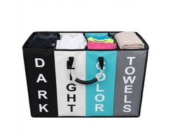 Somstyle Wasmand 4 Vakken - 78 x 50 CM - Wassorteerder met Handvat - Zwart, Grijs, Blauw & Wit