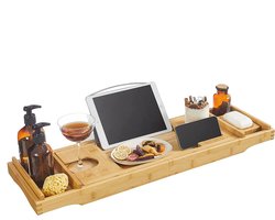 SONGMICS Badplank, uittrekbare badkuipplank van bamboe, verstelbaar badplank, badkuiprek, met bekerhouder, boekensteun, zeephouder 75-109 x 4,5 x 23 cm (b x h x d) BCB88Y