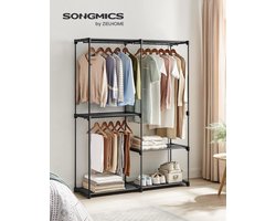 SONGMICS Garderobekast Open Kledingrek, Kledingstang, Garderobekast, 43 x 138 x 182 cm, 3 Hangvakken, Veel Ruimte, voor Slaapkamer, Woonkamer, Zwart RYG025B02