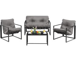 SONGMICS GGF040GZ01 4-delige tuinset balkonmeubelen 2 stoelen 1 tafel en 1 bank terrasmeubelen stalen frame gewatteerde kussens voor tuin, terras of balkon grijs