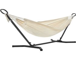 SONGMICS Hangmat met frame, 210 x 150 cm, verstelbaar in 5 verschillende hoogtes, metalen frame, belastbaar tot 240 kg, voor tuin, zwart frame en beige hangmat GHS001M01