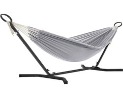 SONGMICS Hangmat met frame, 210 x 150 cm, verstelbaar in 5 verschillende hoogtes, metalen frame, belastbaar tot 240 kg, voor tuin, zwart frame en grijze hangmat GHS001G01
