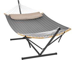 SONGMICS Hangmat met Frame, Metalen Hangmat Frame, Dubbele Greep met Kussen, 200 kg Laadvermogen, Tuin, Zwart Frame en Grijze Hangmat GHS002G01