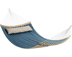 SONGMICS hangmat voor 2 personen, gewatteerd, gewatteerd, met deelbare gebogen spreidstangen van bamboe, met kussen, Oxford stof, 200 x 140 cm, tot 225 kg draagvermogen, blauw en beige