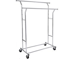 SONGMICS | Heavy Duty Verrijdbaar Kledingrek met 2 Uitschuifbare Kledingstangen van 129 -> 169 Cm. met Zwenkwielen | In Hoogte Verstelbaar van 148 – 172 Cm. | Stevig Staand Mobiel Verstelbaar Kleren Rek Garderoberek | Afm. 169 x 55 x 172 Cm. | CHROME