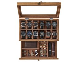 SONGMICS - Horloge Doos - Met 12 Vakken - Massief Houten Kist met Glazen Deksel - Inclusief Horlogekussens