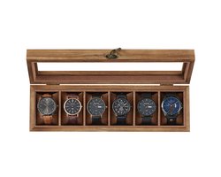 SONGMICS - Horloge Doos - Met 6 Vakken - Massief Houten Kist - Met Glazen Deksel en Horlogekussens