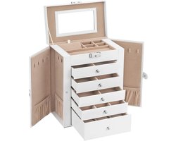 SONGMICS JBC152W01 Sieradenkistje, groot sieradendoosje met klapdeuren aan de zijkant, laden, spiegel en sluiting, voor ringen, oorbellen, wit