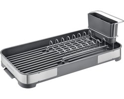 SONGMICS KCS034G01 Afdruiprek, compact afdruiprek van roestvrij staal met afvoer, bestekhouder, roestvrij, voor borden, messen, lepels, vorken, zilver en grijs