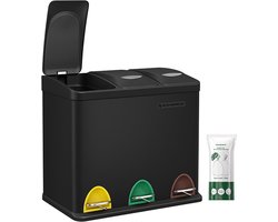 SONGMICS Keukenafvalbak - pedaalemmer - 3 compartimenten - 24 liter - afvalscheiding - zwart