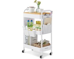 SONGMICS - keukentrolley - serveertrolley - met 3 lagen en plank - 2 uitneembare hangkasten en 6 zijvakken - met wieltjes - wit