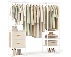 SONGMICS Kledingrek, open kledingkast, garderobestandaard, zeer belastbaar, 1 uittrekbare stang, 2 laden, 4 planken, voor slaapkamer, ruimtebesparend, natuurlijk beige