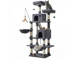 SONGMICS Krabpaal voor Katten - 168 cm Hoog - Kattenkrabpaal - Krabmeubel - Kattenboom - Krabpalen - Kattenhuis - 2 Huisjes, Hangmat, Mand & Speelballen - Grijze Krabpaal voor Grote Katten - Kattenklimrek - Klimboom - Donkergrijs