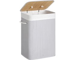 Songmics LCB010G01 Wasmand van bamboe met een inhoud van 72 liter, met deksel en handgrepen, opvouwbare, katoenen waszak, kan in de wasmachine worden gewassen, grijs