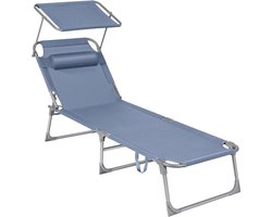 SONGMICS Ligstoel, inklapbare ligstoel, 53 x 193 x 29 cm, tot 150 kg belastbaar, zonwering, hoofdsteun, verstelbare rugleuning, tuin, zwembad, terras, blauw