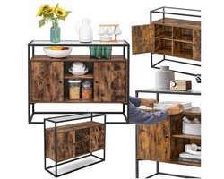 Songmics - Moderne Hal- en Salonconsole - Stalen Frame - Rustiek Bruine Elementen - Glazen Blad