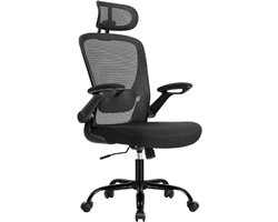 SONGMICS OBN047B02 Ergonomische Bureaustoel - Mesh Draaistoel Met Lenden En Hoofdsteun - Brede Zitting En Opvouwbare Armleuningen - Kantelfunctie - Kantoorstoel Inktzwart