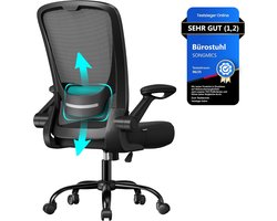 SONGMICS OBN37BK Bureaustoel, draaistoel met mesh bekleding, ergonomisch, gewatteerde lendensteun, schommelfunctie, zithoogte 53 cm, inklapbare armleuningen, zwart