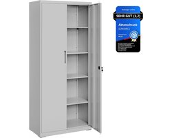 SONGMICS OMC015G01 Archiefkast, multifunctionele kast, stalen opbergkast, 5 niveaus, dubbele deuren, slot, gereedschapskast, verstelbare planken, garage, kantoor, woonkamer, grijs