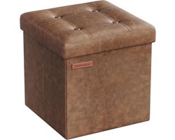 SONGMICS Opbergpoef 38 cm, opvouwbare opbergbank met deksel, voetsteun, kunstleer, 300 kg belasting, voor entree, woonkamer, slaapkamer, koffiebruin LSF030K11