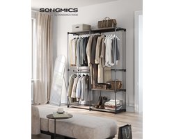 SONGMICS Open Kledingkast – Kapstok met Kledingroede en 3 Hangcompartimenten – 138 x 43 x 182 cm – Veel Opbergruimte – Voor Slaapkamer of Woonkamer – Taupe – RYG025R02
