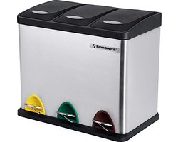 Songmics Prullenbak 24L - Afvalscheiden Prullenbak - Pedaalemmer Roestvrij Staal - 3 x 8 Liter Afvalbak