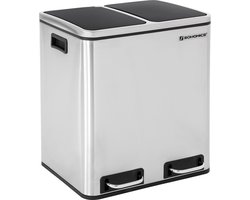 Songmics Prullenbak 30L - Pedaalemmer - Roestvrij Staal - Afvalscheidingssysteem - 2 x 15 liter - zilverkleurig