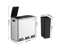 Songmics Prullenbak 54L - Pedaalemmer 3 Vakken - Roestvrij Staal - Afvalscheidingssysteem