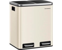 SONGMICS Prullenbak – Prullenbak 30 Liter – 2 vakken (2x15 Liter) – Vuilnisbak 30 Liter - Pedaalemmer 30 Liter – Beige Prullenbak Afvalscheiding – Afvalemmer – Afvalbak Keuken – Beige/ Crème (+ Gratis 15 Afvalzakken)
