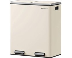 SONGMICS Prullenbak – Prullenbak 60 Liter – 2 vakken (2x30 Liter) – Vuilnisbak 60 Liter - Pedaalemmer 60 Liter – Beige Prullenbak Afvalscheiding – Afvalemmer – Afvalbak Keuken – Beige/ Crème (+ Gratis 15 Afvalzakken)