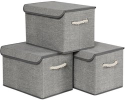 SONGMICS RFB013G02 - Opbergdozen Set van 3 - Stoffen Dozen met Deksel - Handgrepen van Katoen