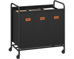 SONGMICS Roll Wasmand, 3-Compartiment Wasserij Collector, 170 L Wasmachine, Mobiele Waskar, 5 Labels, voor Wasruimte, Slaapkamer, Badkamer, Inkt Zwart