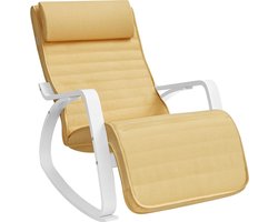 SONGMICS Schommelstoel - relaxstoel - Houten Armleuningen - Verstelbare Voetsteun in 5 Posities - Draagvermogen 150 kg - okergeel en Wit