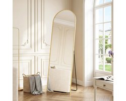 SONGMICS Spiegel over de volledige lengte, 150 x 40 cm, boogvloerspiegel met standaard, frame van aluminiumlegering, gehard glas, slaapkamer woonkamer, licht goud LFM035AB01