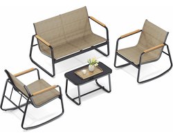 SONGMICS Tuinmeubelset, Balkonmeubels, 2 schommelstoelen met tafel, tuinbank, staal, terrasmeubilair, met armleuningen, ademende synthetische vezelstof, terras, tuin, geelbruin, GGF0028BKZ01