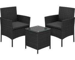 SONGMICS Tuinmeubelset, Balkonmeubels, van PE-polyrotan, loungeset, tafel en 2 stoelen, terrasmeubels, outdoor, voor terras, balkon, tuin, zwart-grijs