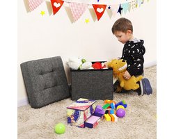 Songmics | Vierkante Opvouwbare Poef met Opslagruimte | Opberg poef voor Speelgoed | Opberg Hocker | Opbergbox zetel voor Kinderspeelgoed | Kleur: Donker Grijs