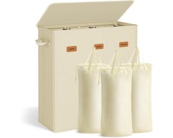 SONGMICS wasmand met 3 compartimenten, 160 L, met deksel, 5 labels, verwijderbare en wasbare binnenzak, wasruimte slaapkamer, crèmewit RLH013W01
