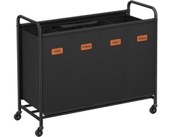 SONGMICS Wasmand met wielen, wasmand 4 vakken, 200L wassorteerder, verplaatsbare waswagen, 5 etiketten, voor wasruimte, slaapkamer, badkamer, inktzwart RLS460B01