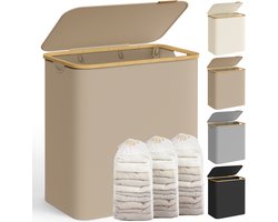 SONGMICS - Wasmand - Wasbox met 3 Vakken - Opvouwbare Wasmand - Met Bamboe Handgrepen en Uitneembare Zak