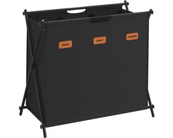 SONGMICS Wasmand, wasmand 135 liter, wasbox, 3 vakken, opvouwbaar X-frame, individuele labels, voor wasruimte, slaapkamer, badkamer, inktzwart