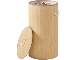 SONGMICS - Wasmand - Wasmand met Deksel - Bamboe - Opvouwbaar - Rond Design